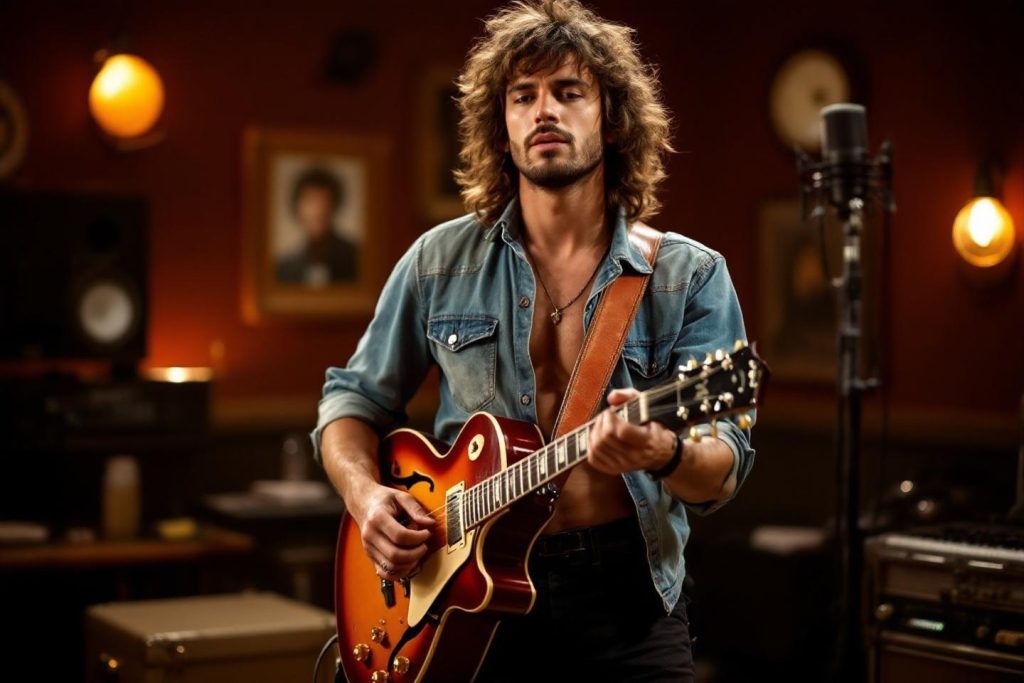 Musicien aux cheveux bouclés jouant une guitare sunburst