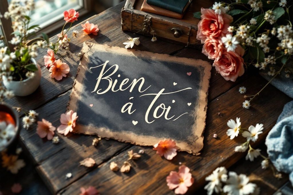 Tableau ardoise avec texte 'Bien à toi' entouré de roses