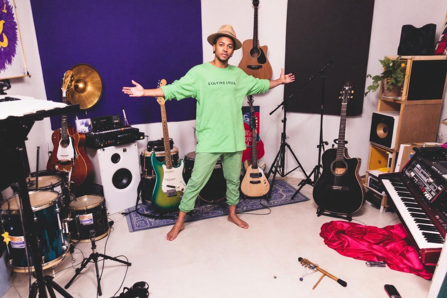 Jeune artiste en vert dans un studio musical