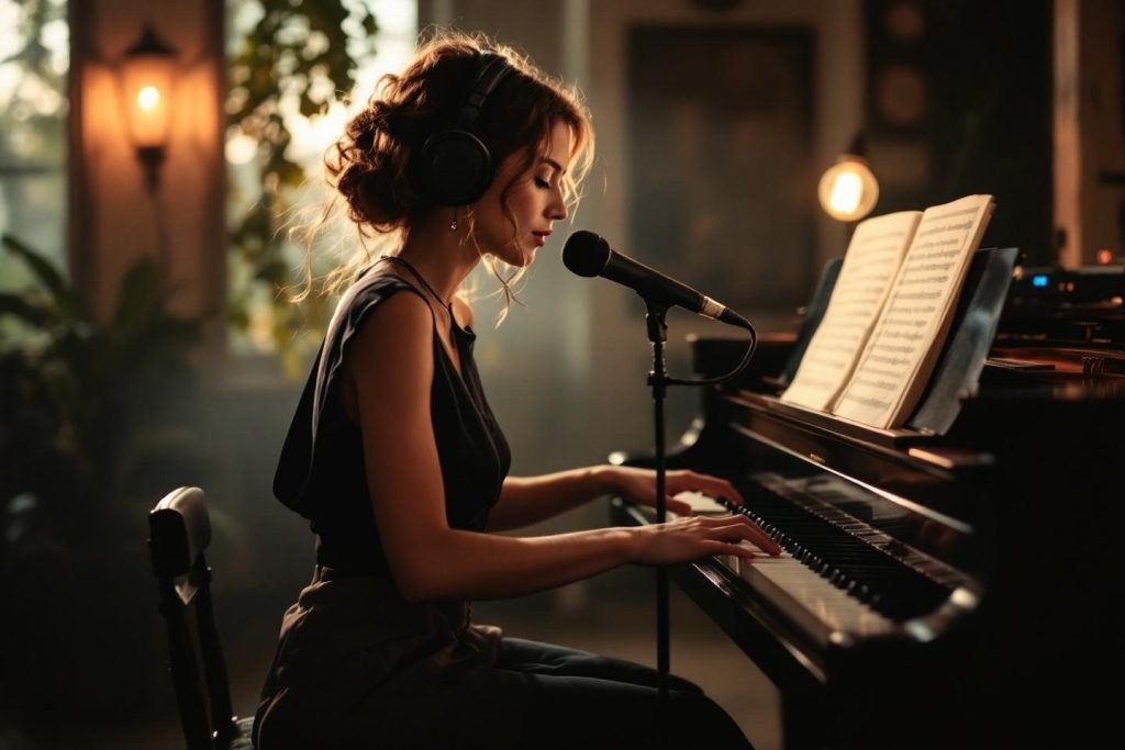 Pianiste avec casque chantant devant un micro