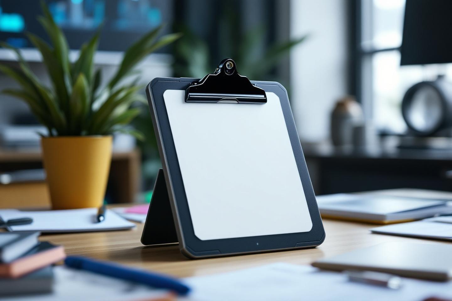 Tablette blanche avec pince noire sur un bureau de travail