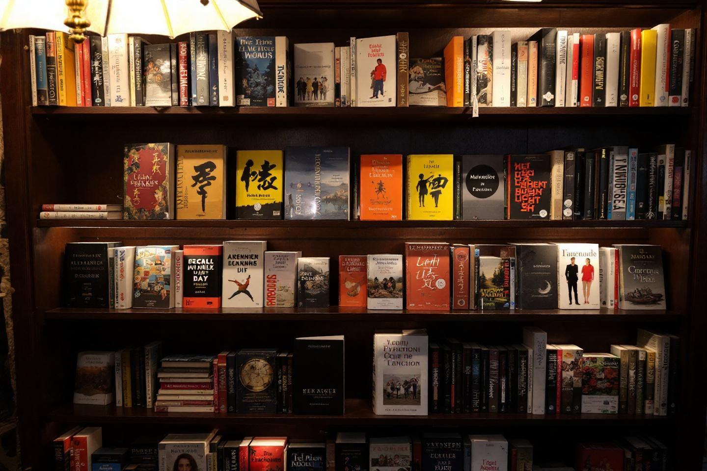 Bibliothèque avec des livres variés sur plusieurs étagères sombres