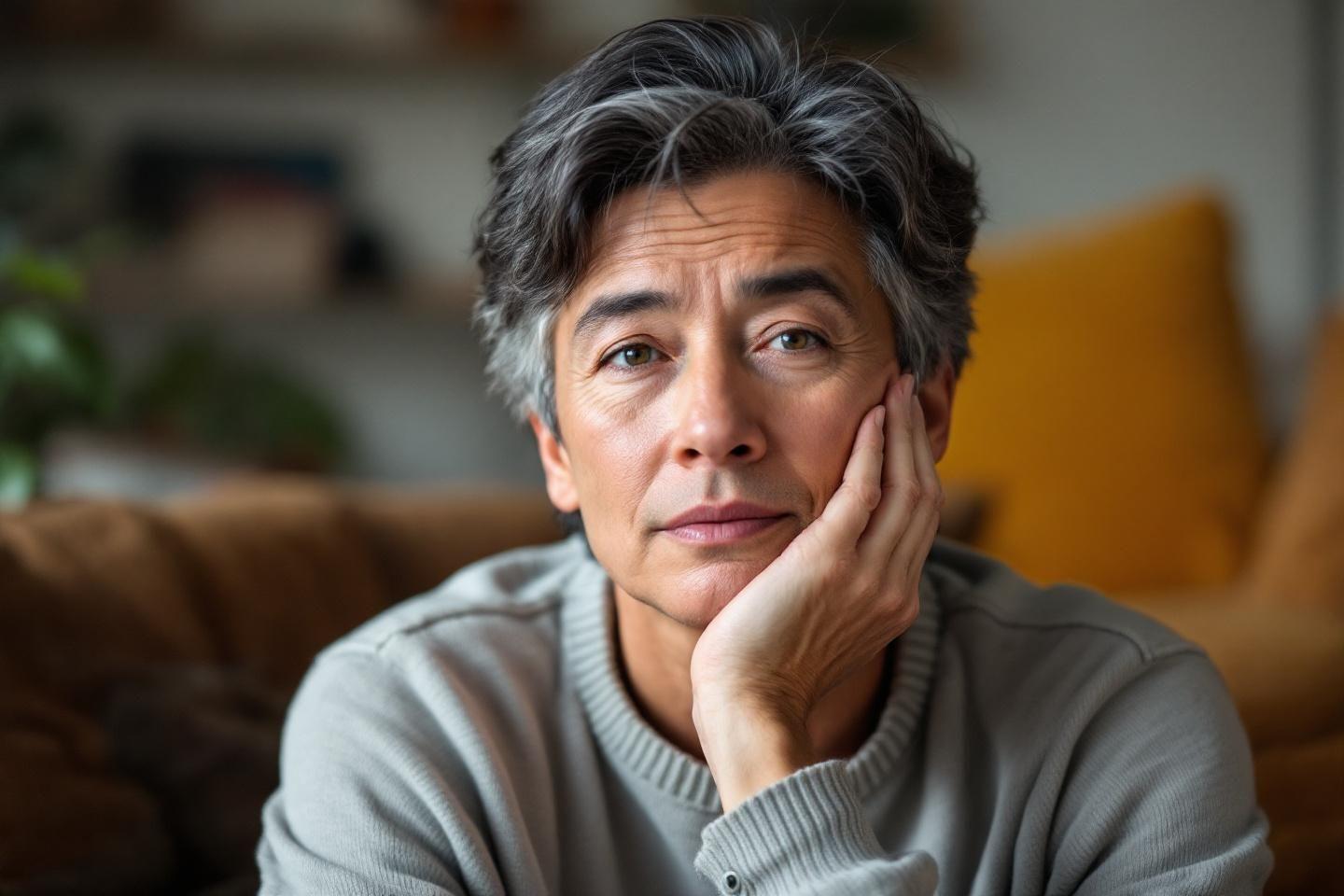 Femme âgée pensive, main sur la joue, regard mélancolique