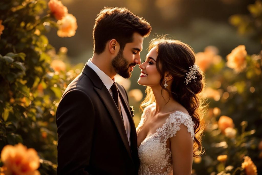 Couple de mariés tendres, entourés de roses dorées au soleil