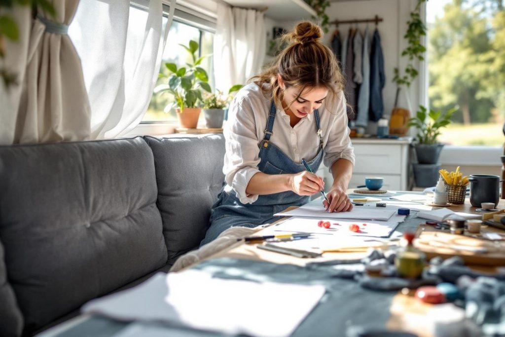 Femme concentrée dessinant à la table dans un intérieur lumineux