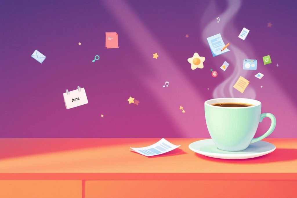 Tasse de café avec des objets flottants sur fond dégradé