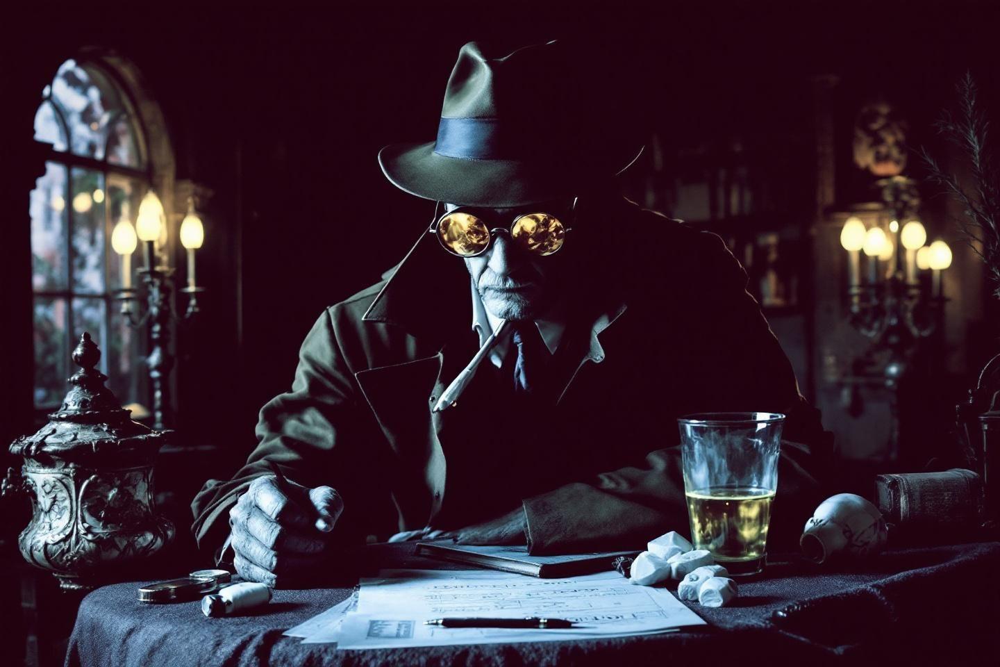 Homme âgé au chapeau écrivant dans une ambiance sombre