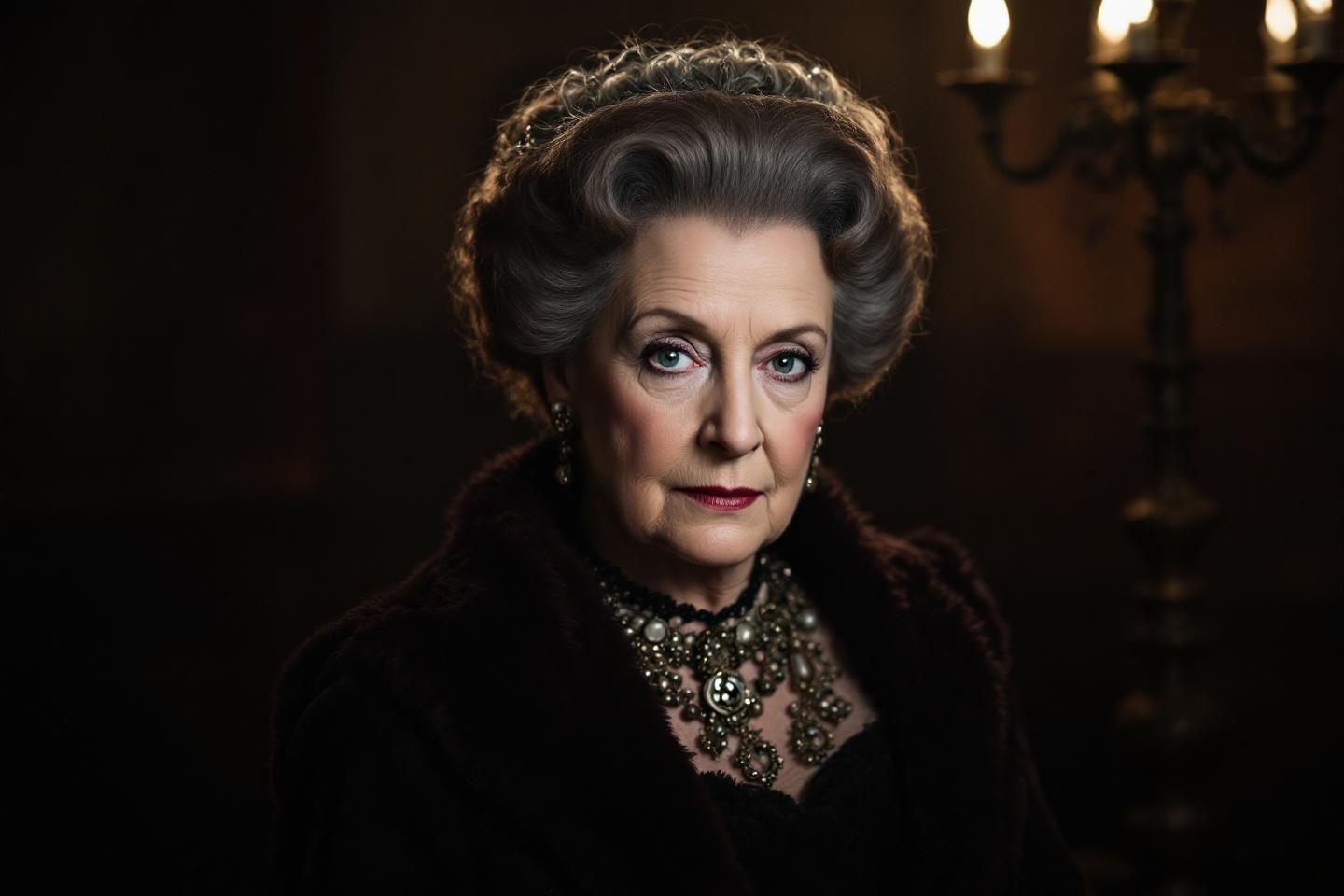 Portrait d'une femme âgée sophistiquée en noir avec bijoux