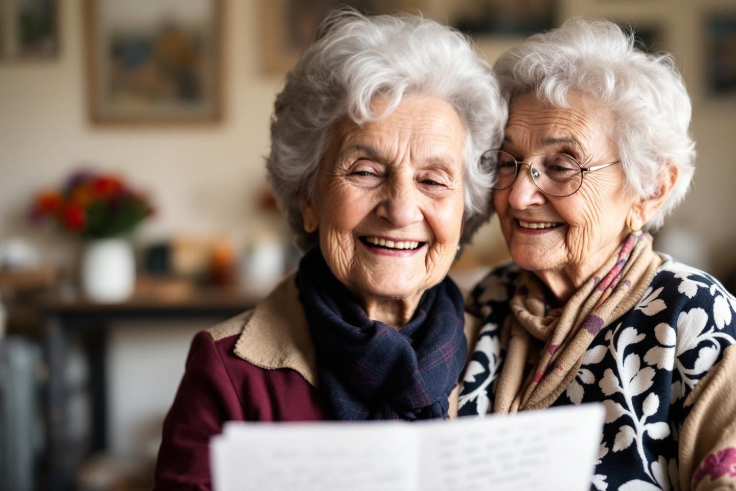 Deux dames âgées heureuses, cheveux blancs, portant des vêtements chauds