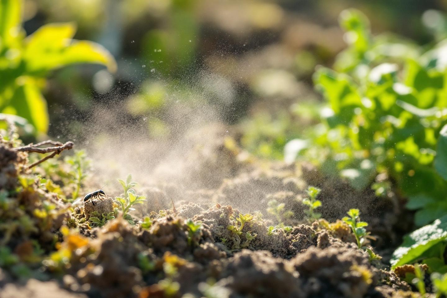 Particules de terre volant autour d'un insecte proche