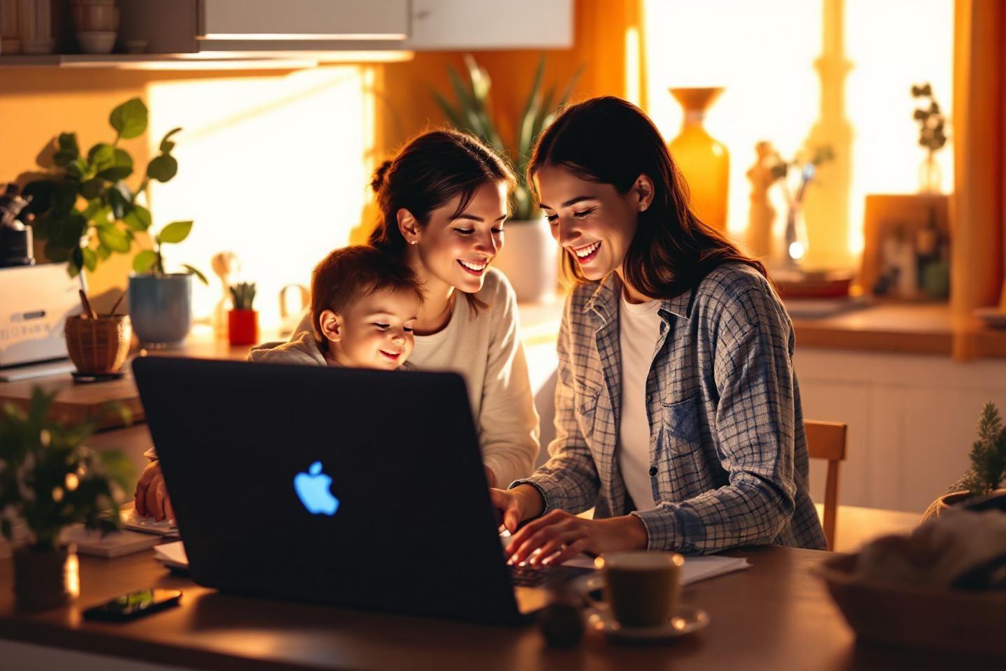 Deux femmes et un enfant souriant ensemble sur un ordinateur portable