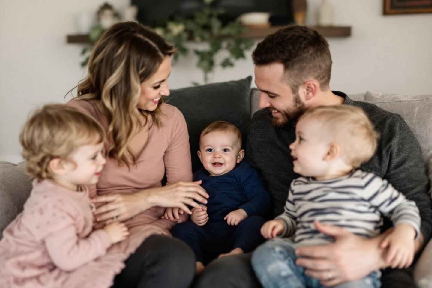 Parents avec trois jeunes enfants souriant ensemble