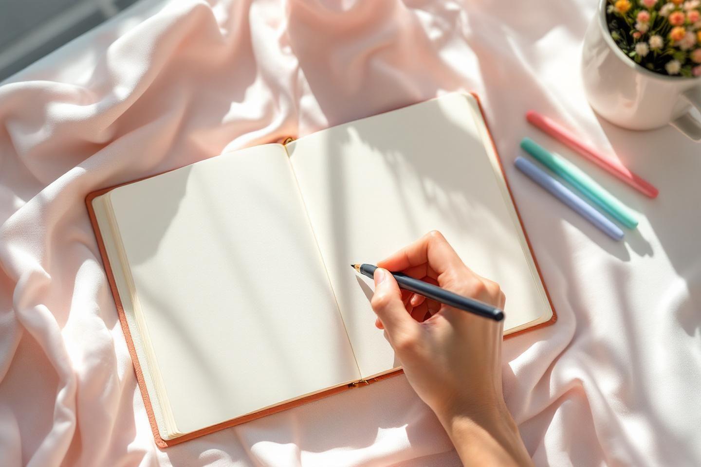 Main écrivant dans un carnet ouvert avec des stylos colorés