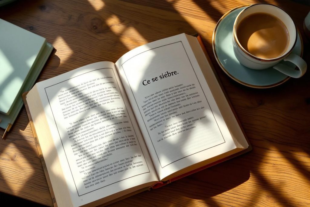 Livre ouvert près d'une tasse de café sur table en bois