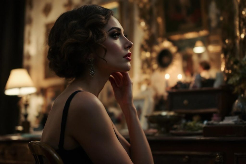 Femme en robe noire dans un intérieur vintage