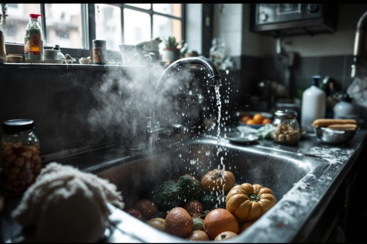 Évier de cuisine avec des légumes et de la vapeur