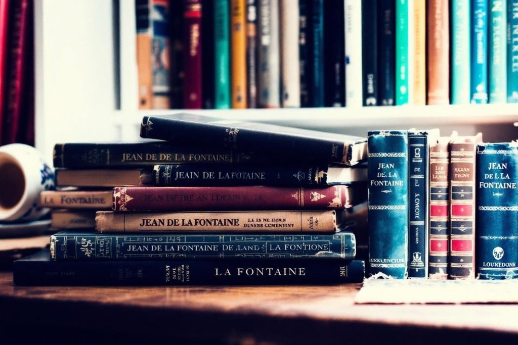 Pile de livres anciens de La Fontaine sur une étagère