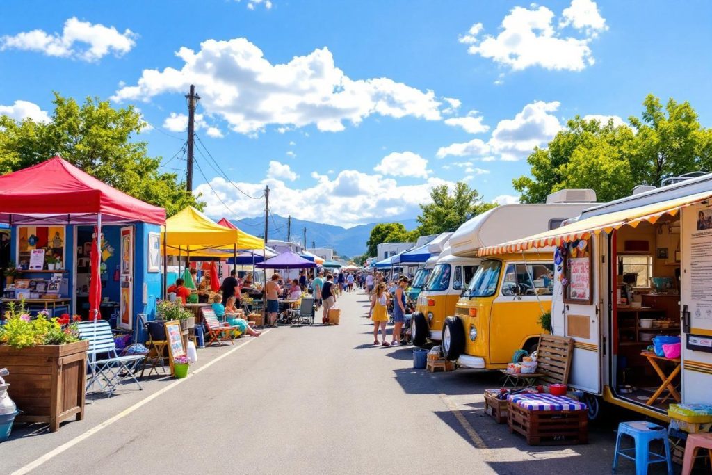 Tentes et camionnettes colorées dans un marché de rue ensoleillé