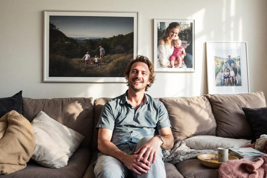 Homme assis sur un canapé entouré de photos de famille