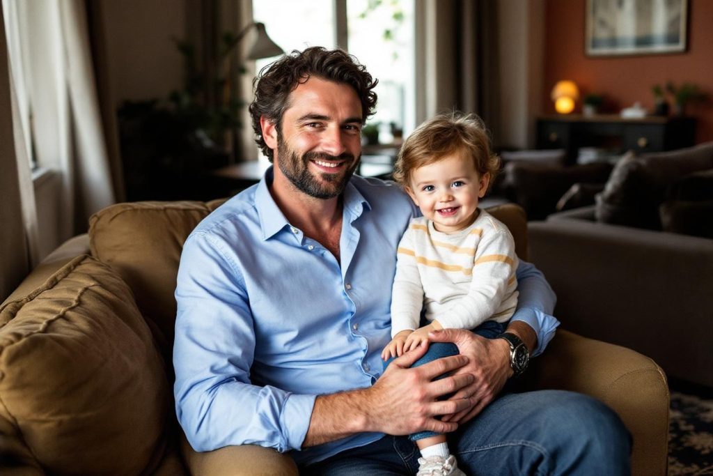 Un père souriant tient sa jeune enfant sur un canapé confortable