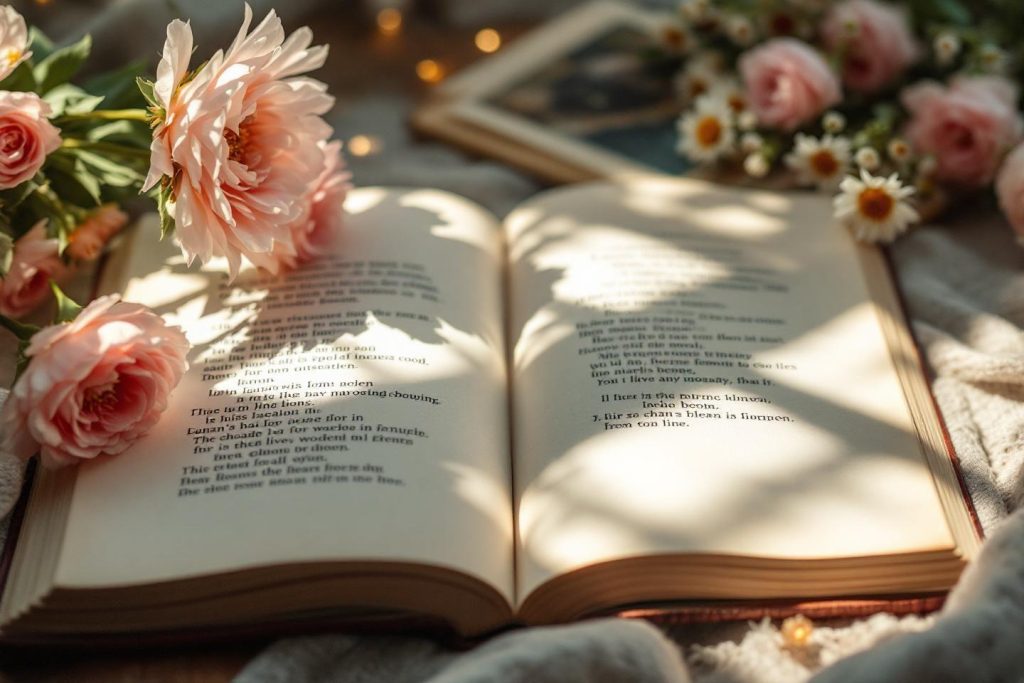 Livre ouvert entouré de pivoines roses et de marguerites blanches