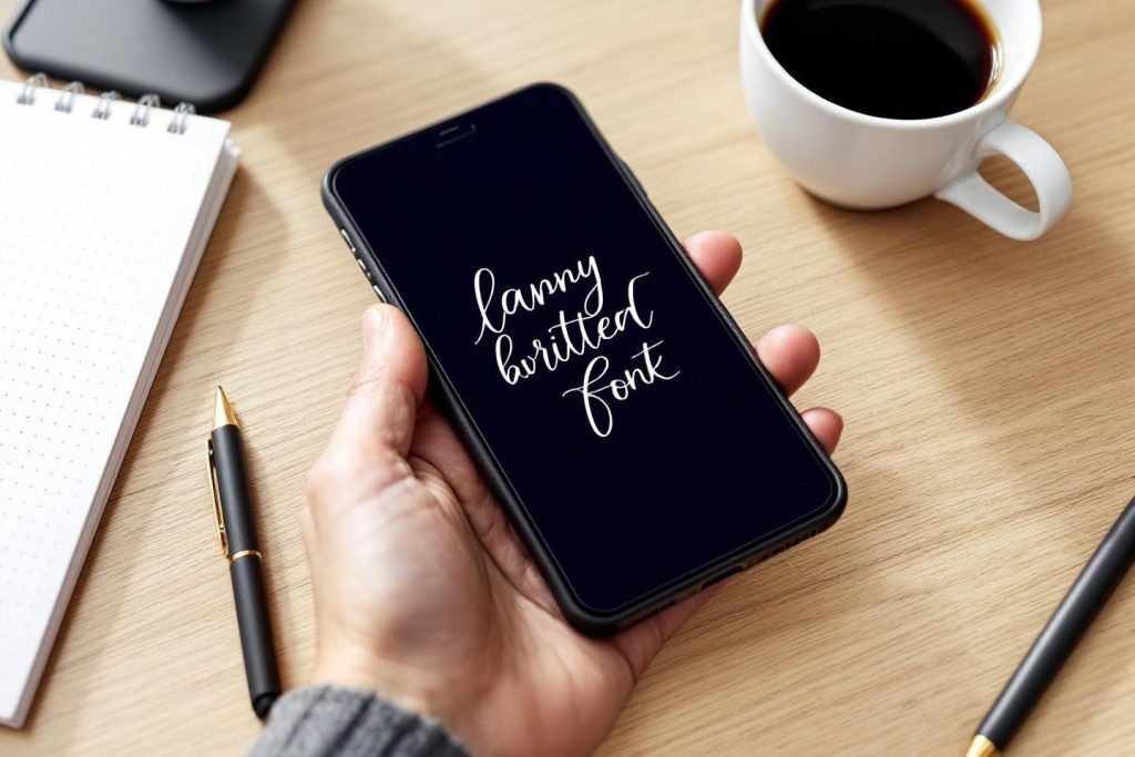 Écran de smartphone affichant un style de police manuscrit sur bureau