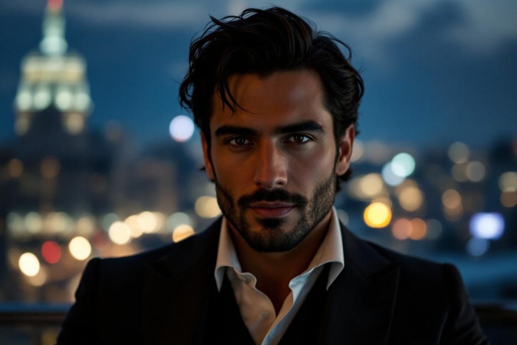 Homme en costume devant un panorama de ville illuminée
