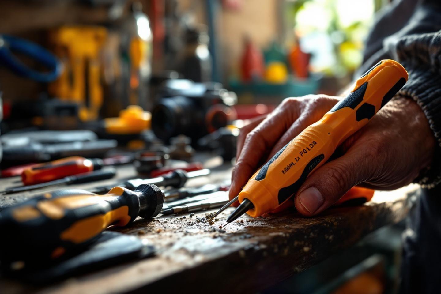 Main tenant un tournevis orange sur un établi de travail