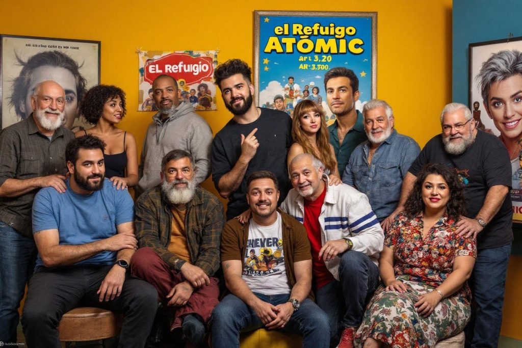 Groupe de comédiens posant devant des affiches de film