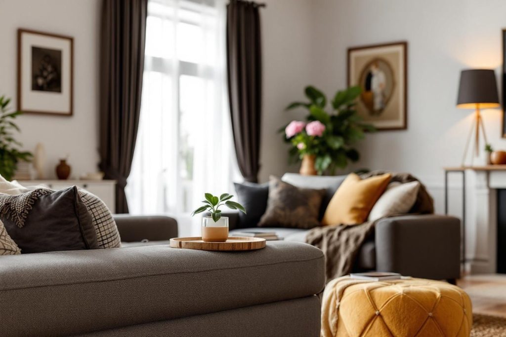 Canapé gris avec coussins, pouf jaune et plantes vertes