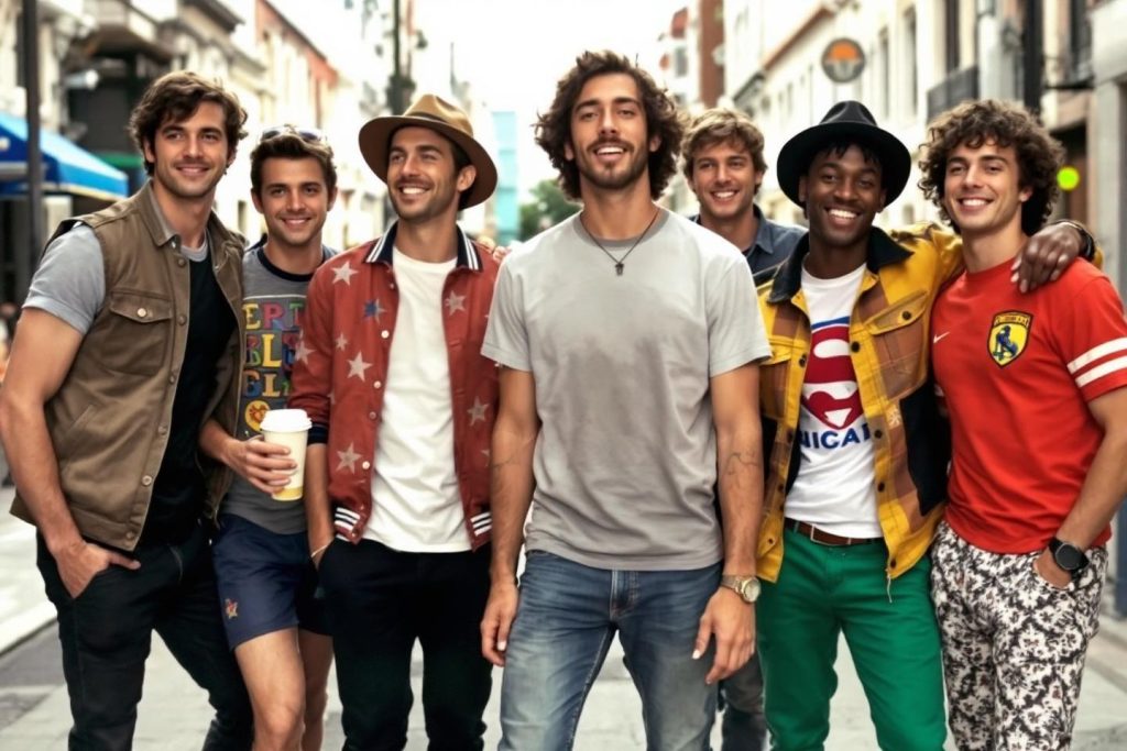 Groupe de sept hommes divers posant dans une rue urbaine