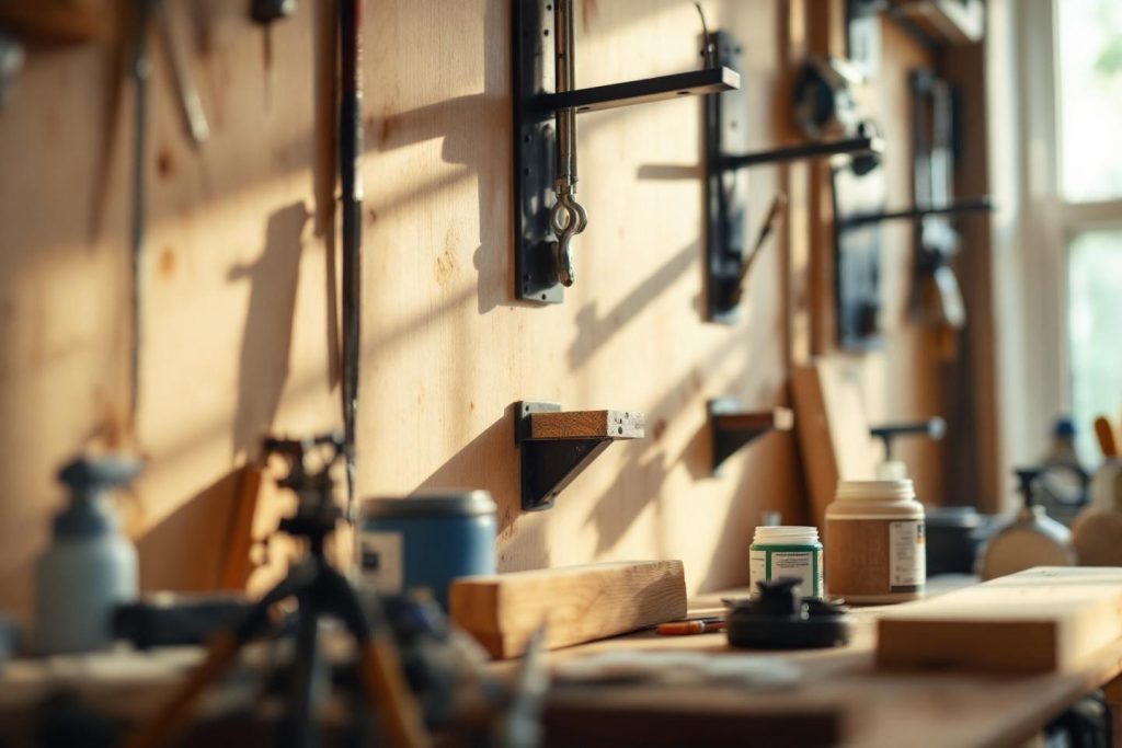 Établi de travail du bois avec outils et bois au soleil