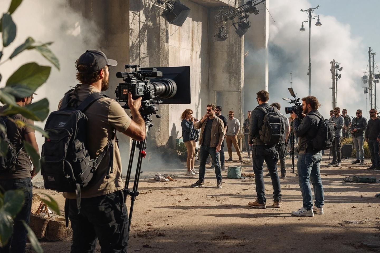 Équipe de tournage filmant une scène dans un lieu industriel