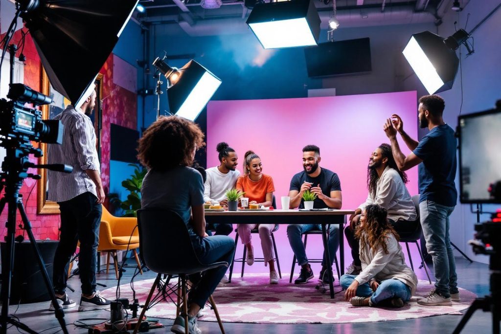 Équipe de personnes autour d'une table avec éclairages et caméras