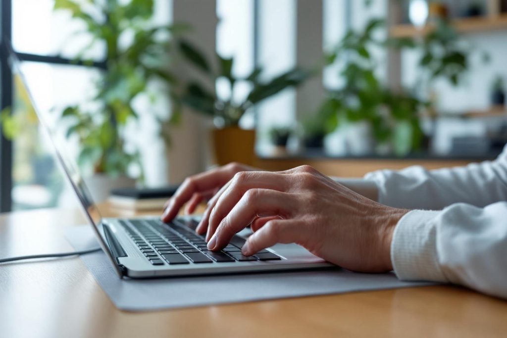 Mains tapant sur un clavier avec des plantes en arrière-plan