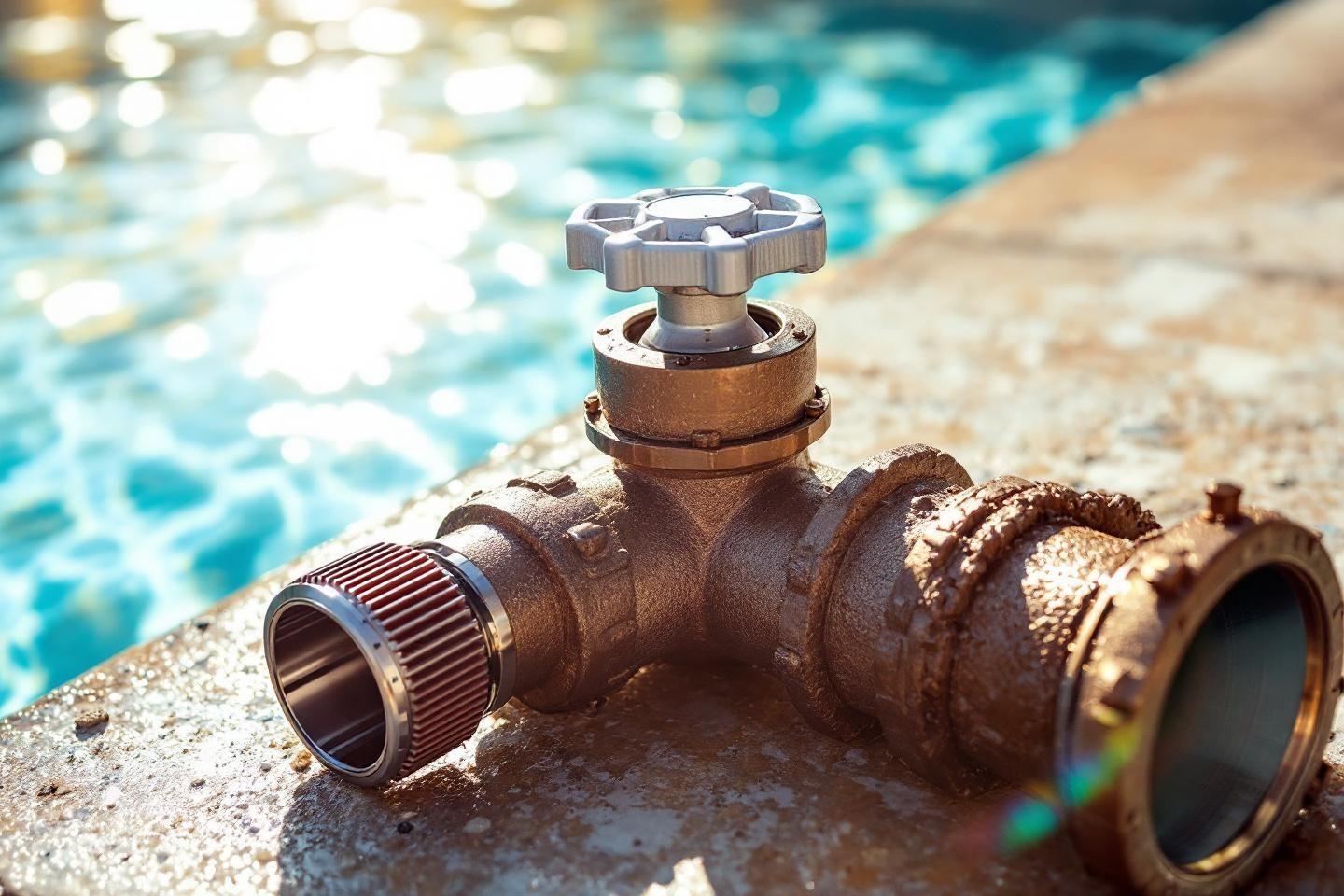 Robinet d'eau rouillé près d'une piscine bleu turquoise