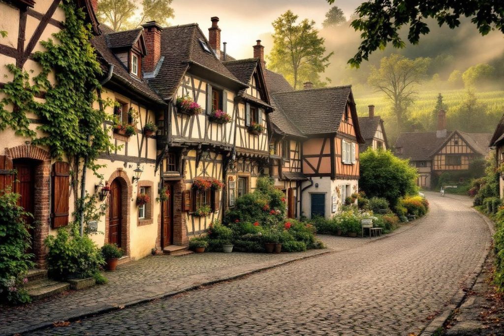 Maisons à colombages avec rue pavée et jardins fleuris