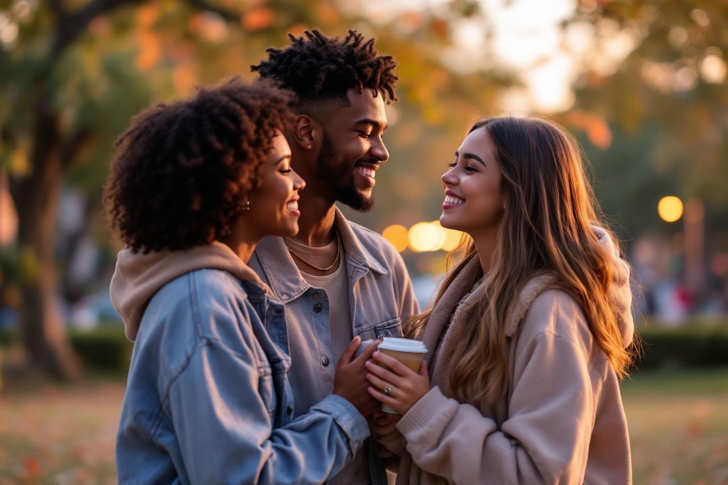 Trois personnes souriant ensemble lors d'une journée d'automne