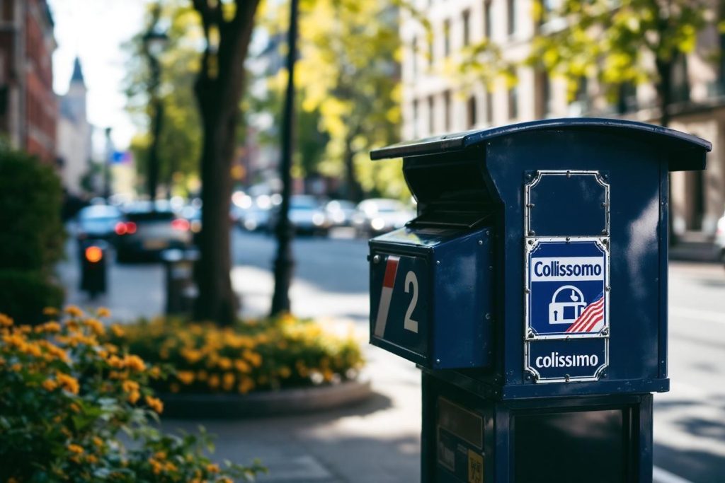 Boîte postale bleue sur un trottoir urbain fleuri