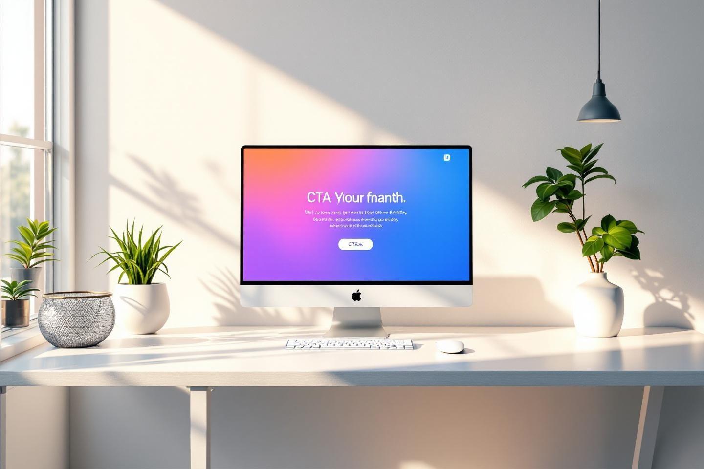 Espace de travail lumineux avec ordinateur Apple et plantes vertes