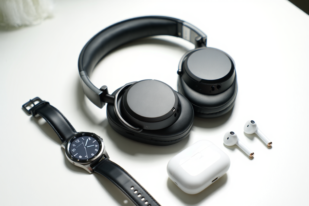 Une paire d'écouteurs supra-auriculaires, une montre-bracelet noire, deux écouteurs sans fil et un étui de chargement blanc sur une surface blanche.