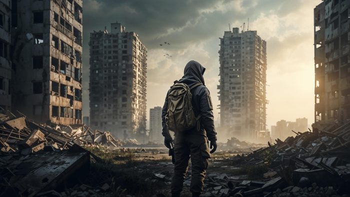 Une personne vêtue d'une veste à capuche et d'un sac à dos se tient dans les décombres, entre deux grands bâtiments endommagés, dans un paysage urbain post-apocalyptique.