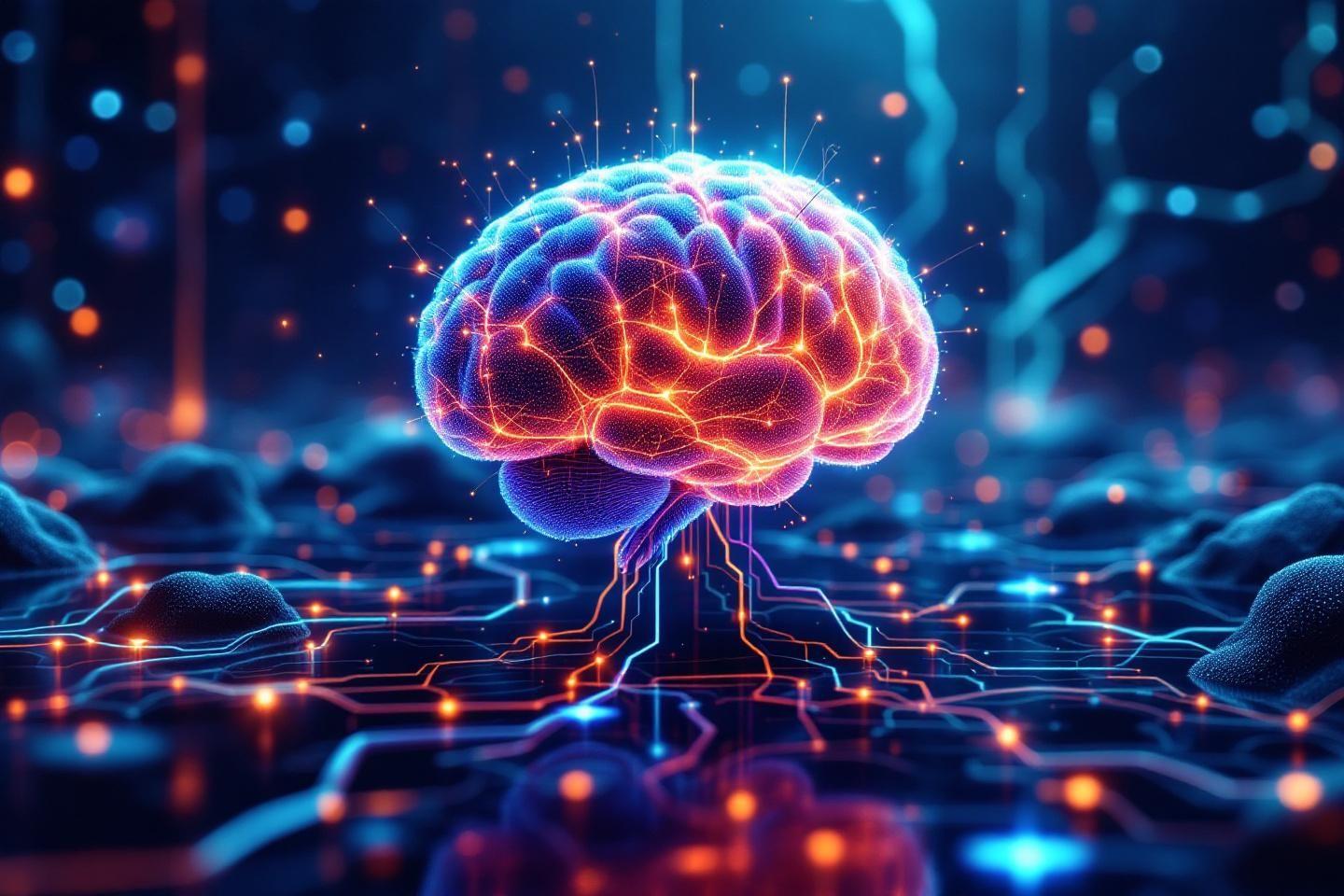 Cerveau lumineux avec circuits électroniques sur fond bleu sombre