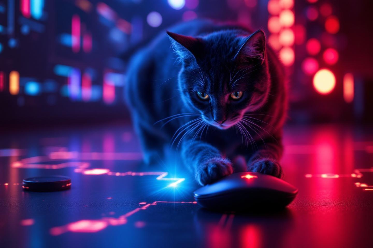 Chat noir avec éclairage néon bleu et rouge utilisant une souris