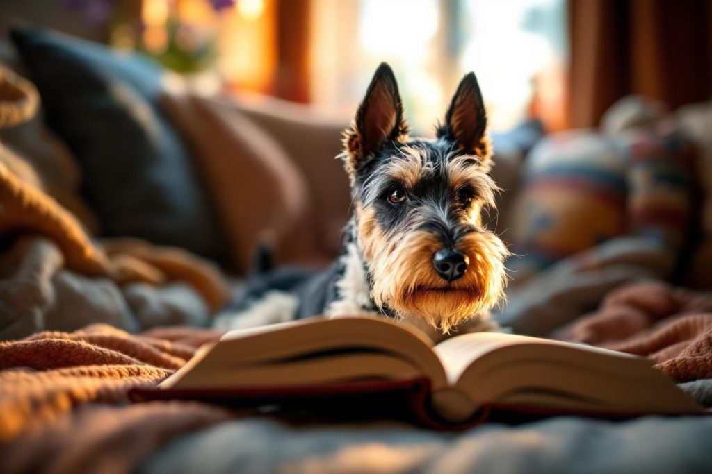 Petit chien à poils gris et bruns sur un livre ouvert