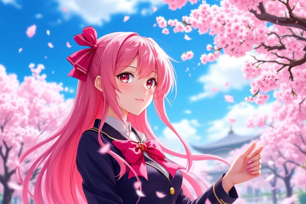 Jeune fille aux cheveux roses dans un jardin de cerisiers