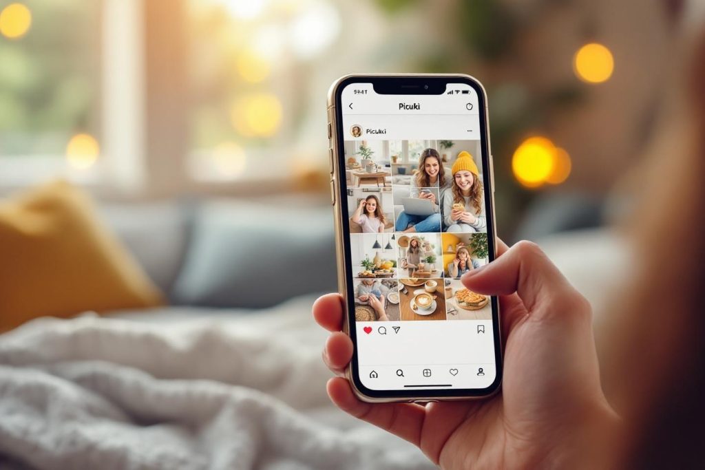 Main tenant un téléphone avec une grille de photos lifestyle