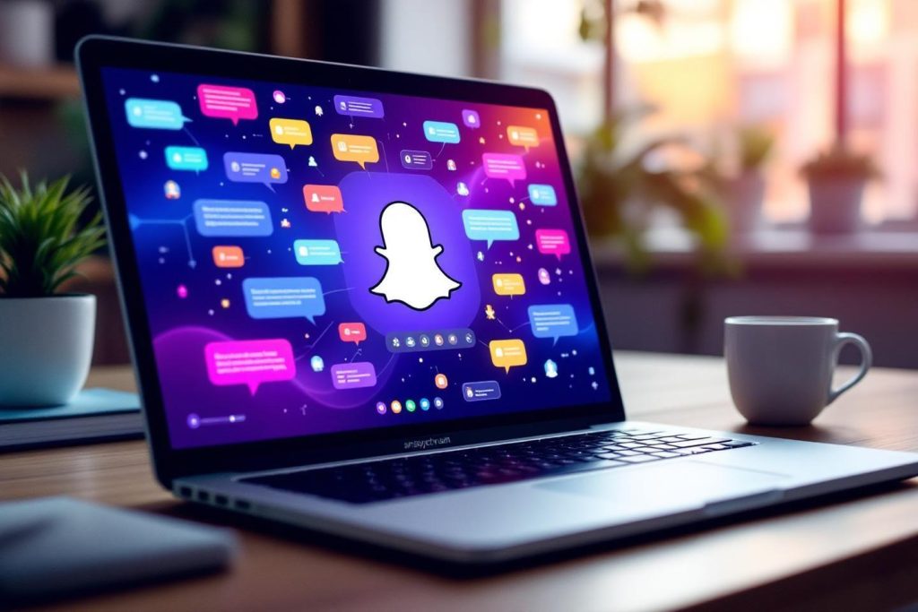 Interface Snapchat avec messages colorés sur un écran d'ordinateur