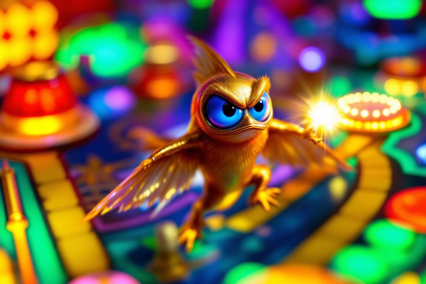 Hibou stylisé aux yeux bleus sur un fond lumineux multicolore