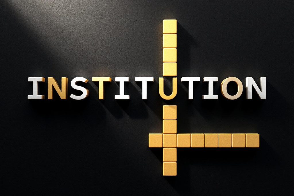 Mot institution en blanc et jaune sur fond noir en scrabble